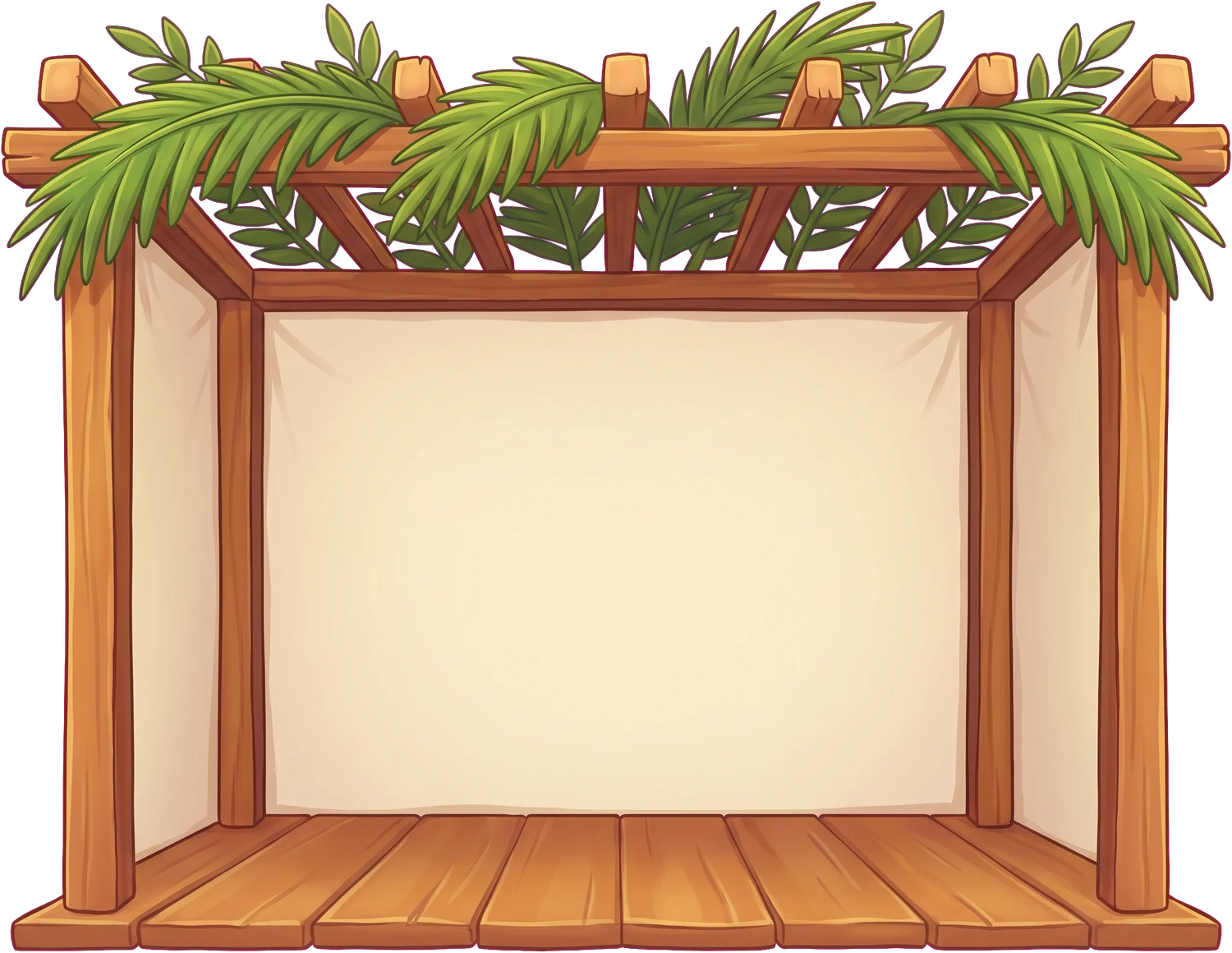 A sukkah with cream cloth walls and a palm-branch roof, waiting to be decorated